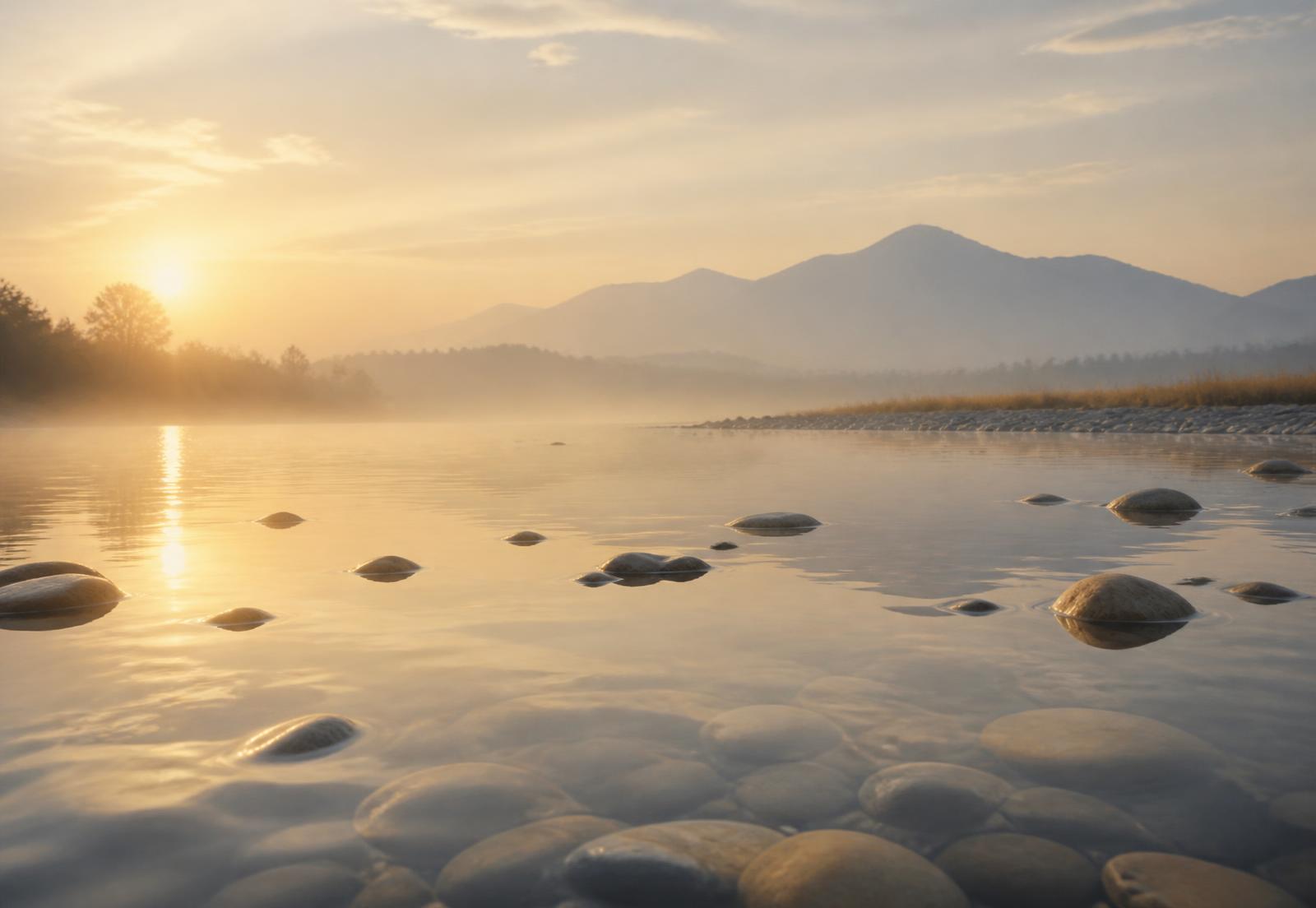 Rio calmo ao amanhecer com pedras no leito